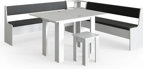 Vicco Eckbankgruppe Roman Weiß 210x210cm - Essgruppen mit kratzfester Melaminharzbeschichtung und ausziehbarer Tischplatte für flexible Nutzung im Esszimmer.