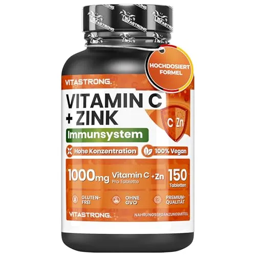 Vitamin C 1000 mg und Zink - Hochdosierte Immununterstützung - Vitamin C Präparate mit DOPPELWIRKUNG für Ihr Immunsystem. Stärkt die Abwehrkräfte und reduziert Müdigkeit. Ideal für Berufstätige und aktive Personen.