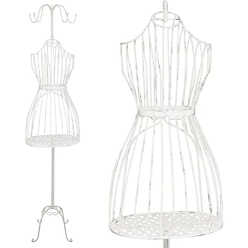PrimoLiving Metall Schneiderpuppe Cleo in Antik-Weiß mit Garderobenhaken und Stauraum - Vintage Kleiderpuppe - ideal als weibliche Schaufensterpuppe oder Kleiderständer - P-14134
