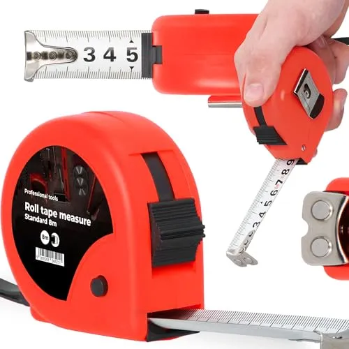 Bandmaß 8 m Metermaß Maßband Bandmaß Rollmeter Rollband Rücklauf Feststeller Gürtelclip Autorollsystem Automatisches Einziehen Magnethaken Metrische Skala