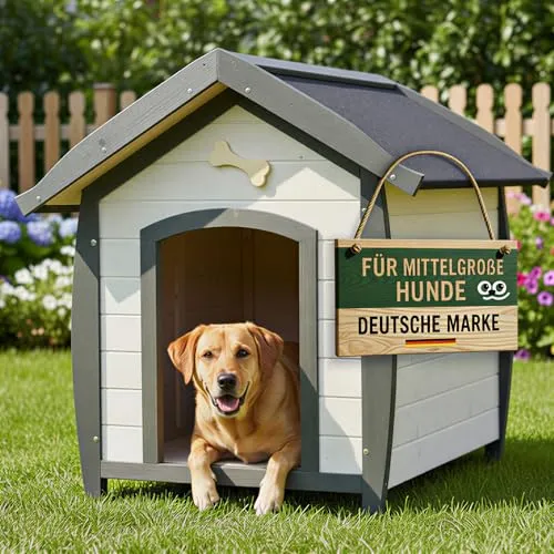 Zooprinz Hundehütte Bella mit dekorativem Hundeknochen - Outdoor Hundehütte aus lasiertem Kiefernholz, wetterfest und winterfest, ideal für mittelgroße Hunde - mit Fußboden und Bitumendach für besten Schutz.