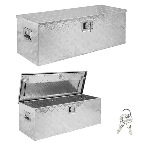 Trucky Anhänger-Deichselbox Aluminium D160 - Robuste Aluminium-Werkzeugkiste für Anhänger, ideal für die sichere Aufbewahrung von Materialien. Ausgestattet mit 2 Gasdruckdämpfern für müheloses Öffnen und verschließbar für optimalen Schutz.