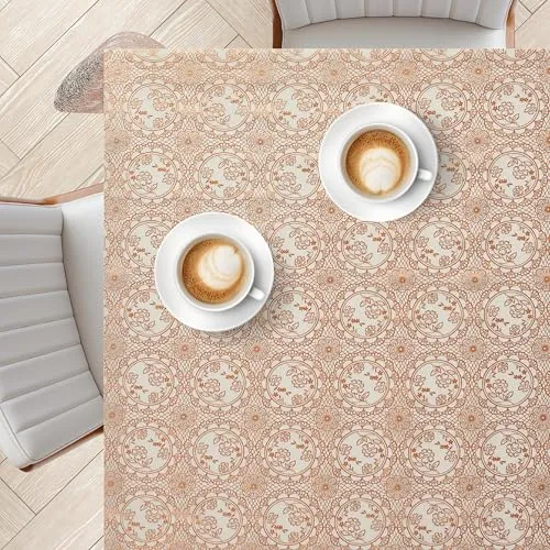 KP HOME Tischdecke abwaschbar 137x137cm, Quadratische PVC Tischdecke Goldene Medaillon - und Spitzendesign, Abwischbare Wasserfeste Esstischdecke für Innen & Außenbereiche, Wachstuchtischdecke