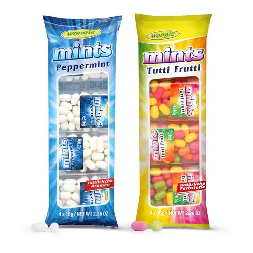 Woogie Mints Peppermint und Tutti Frutti 2er Pack – Erfrischende Pfefferminz und Tutti Frutti Zuckerdragees im praktischen Mini-Format – 2x4 Döschen à 16g – Ideal für unterwegs, beim Sport und im Büro