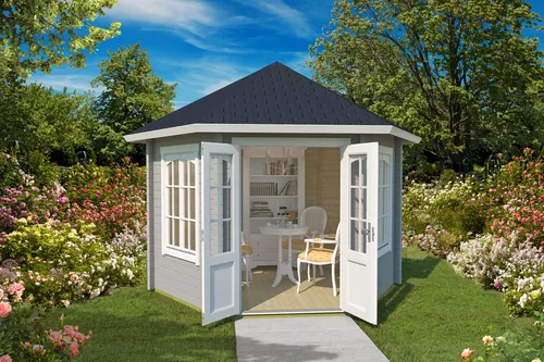 Pavillon Walmdach 44 mm Rivera grau 350x350 cm - Gartenpavillon aus Blockbohlen, lichtgrau, mit abschließbarer Doppeltür und 7,5 m² Nutzfläche – ideal für entspannte Stunden im Garten.