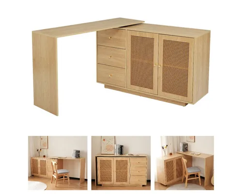 IDEASY Eckschreibtisch Mehrzweck-Schreibtisch, L-förmiger Eck-Computertisch, Sideboard (Bürotisch mit Rattantüren, Frisiertisch mit 360° Schwenkfunktion), 126 x 60 x 75 cm ecktisch Mit zwei Türen und drei Schubladen