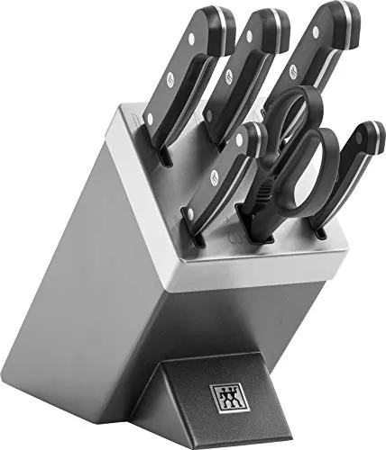 ZWILLING Gourmet Selbstschärfender Messerblock, 7-teilig - Küchenmesser-Set mit selbstschärfendem Messerblock in Grau. Hochwertige FRIODUR-Klingen garantieren langanhaltende Schärfe und Ergonomie für müheloses Schneiden. Made in Germany für höchste Qualität.