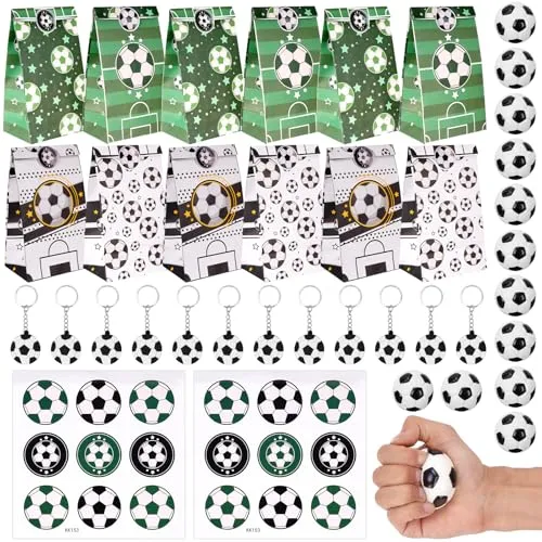 Yicenmy 54 Stück Fußball Mitgebsel Jungen, Mitgebsel Kindergeburtstag Fussball mit 12 Papiertüten Geburtstagstüten 12 Fussball Klein 12 Schlüsselanhänger 18 Aufkleber, Kindergeburtstag Gastgeschenke