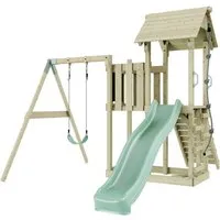Rebo Spielturm mit Wellenrutsche und Kinder-Schaukel - Schaukeln und Klettern im Garten: Hochwertiges Klettergerüst aus langlebigem Massivholz mit 10 Jahren Garantie, inklusive Wellenrutsche und stufenlos einstellbarer Schaukelhöhe für maximalen Spielspaß.