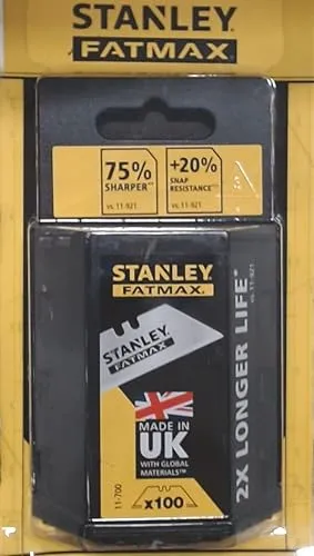 Stanley Trapezklinge FatMax 100 Stück im Spender - Cuttermesser-Klingen mit induktionsgehärteter Schneide für bis zu 35% schärfere Schnitte und 75% höhere Lebensdauer, ideal für verschiedene Materialien und sicher entnehmbar im praktischen Wandspender.