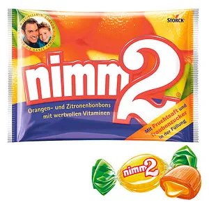 NIMM2 Bonbons mit Fruchtsaftfüllung 145g - Erleben Sie die klassischen NIMM2 Bonbons mit fruchtigem Orangen- und Zitronengeschmack. Der fruchtige Kern sorgt für ein besonderes Geschmackserlebnis. Ideal für Naschkatzen!