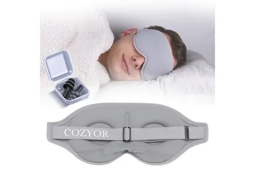 Cozyor Schlafmaske 100% Blackout-Effekt 3D Augenmaske mit ergonomischem Design, Reiseset klein & kompakt hellgrau Moonlight, 2-tlg., Schlafmaske mit wiederverwendbaren Ohrstöpseln, extra Polsterung und variable Passform