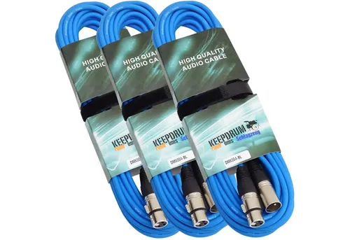 keepdrum 15m DMX Kabel Blau 3-pol XLR - 3 Stück - XLR-Kabel für DMX-Signale, 15m lang mit 100Ohm Widerstand. Ideal für Lichttechnik mit robusten Metallsteckern und Abknickschutz für lange Lebensdauer.