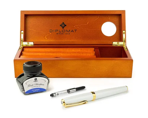 DIPLOMAT Füllhalter Excellence A2 Perlmutt Gold - Komplett-Set - Eleganter Füllhalter mit Edelstahlfeder in Stärke M, inklusive hochwertigem Holzschatulle und Tinte in Königsblau. Ideal für stilvolles Schreiben, MADE IN GERMANY.