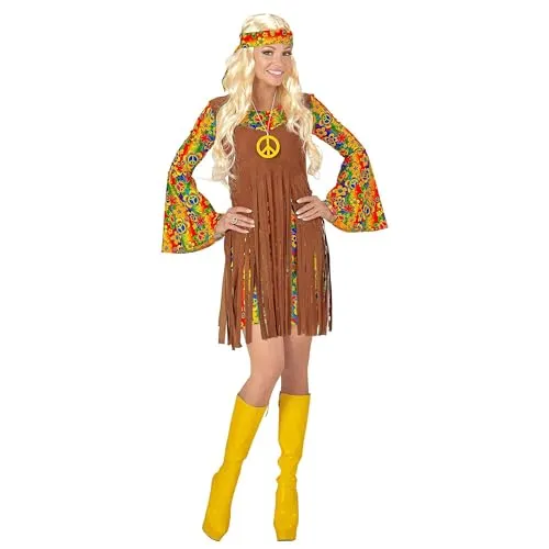 W WIDMANN MILANO Party Fashion - Hippie Girl Kostüm - Kostüm-Outfit für Erwachsene im authentischen 70er-Jahre-Look mit buntem Kleid, Weste und Peace-Zeichen-Kette. Ideal für Motto- und Karnevalspartys!