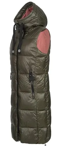Sublevel Damen lange Steppweste D50048X80105B3 Mistletoe Green XL - Stylische lange Steppweste mit Reißverschlusstaschen und verstellbarer Kapuze. Ideal für Übergangszeiten und vielseitig kombinierbar – perfekt für Freizeit- und Outdoor-Aktivitäten.