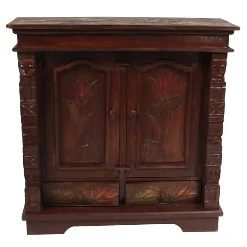 Oriental Galerie Flurschrank Blumen Lotus 80x80 cm - Kommode im ostasiatischen Design, handgefertigt aus leichtem Albesia Holz mit aufwendigen Blumen Schnitzereien und 2 praktischen Schubladen.