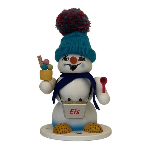 Kuhnert Erzgebirge Schneemann Räuchermann Eisverkäufer 20 cm - Traditioneller Räuchermann aus Holz, 20 cm groß, ideal für die Weihnachtszeit. Ein schönes Deko-Element, das Gemütlichkeit in Ihr Zuhause bringt.
