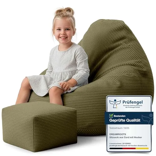 Dreamroots Bean Bag 70x70x70 cm - Bequemer Sitzsack für Kinder und Erwachsene - Sitzsäcke aus robustem Kordsamt mit praktischem Griff, ideal für drinnen und draußen. Mit separatem Innenbeutel für einfache Reinigung und zusätzlicher Fußstütze für maximalen Komfort.