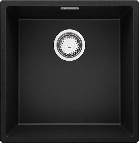 PRIMAGRAN Spülbecken Schwarz 46x47cm, Granitspüle 1 Becken + Ablauf-Set, Küchenspüle ab 50er Unterschrank - London Slim S121