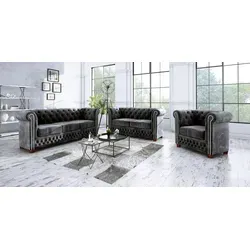 S-Style Möbel Polstergarnitur Chesterfield Leeds 3+2+1 - Couchgarnituren aus exquisitem Samtstoff mit eleganten Metallnieten und Wellenfederung für höchsten Komfort und stilvolle Entspannung.
