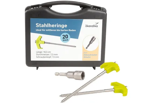 Skandika Zelthering Set, 20 robuste Zelt-Heringe aus Stahl - Zeltheringe für zuverlässigen Halt bei Wind, mit Gewinde für einfaches Eindrehen, inklusive Transportkoffer und Adapter für Akkuschrauber – ideal für Camping und Outdoor-Aktivitäten.