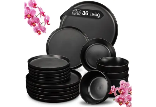 Moritz & Moritz Kombiservice NORDIC 36tlg Geschirrset Schwarz - Kombiservice für 12 Personen aus hochwertigem Steinzeug, modern und zeitlos im Design, spülmaschinen- und mikrowellengeeignet - ideal für festliche Anlässe oder den täglichen Gebrauch.