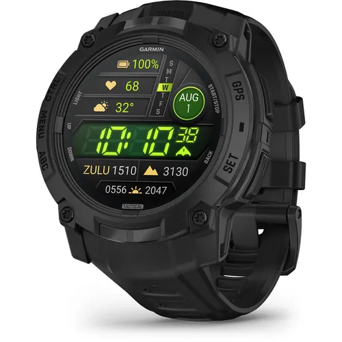 Garmin Instinct 3 Tactical Edition - 50 mm AMOLED Smartwatch in Schwarz - Smartwatch mit 50 mm AMOLED Display, robustem Design und speziellen taktischen Funktionen für Abenteuerlustige. Ideal für Outdoor-Aktivitäten mit integrierter LED-Taschenlampe und Multi-Satellitenempfang.