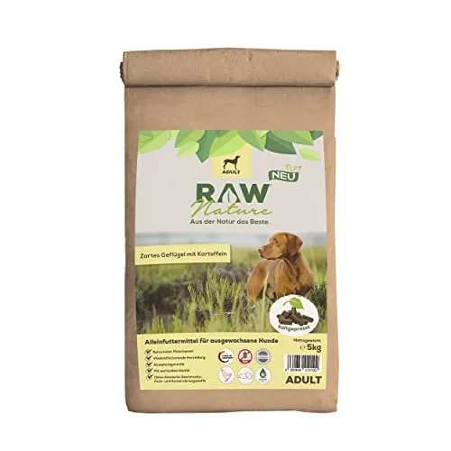 RAW Nature Trockenfutter Adult mit Huhn 5kg, kaltgepresstes Hundefutter, Getreidefrei, 100% Muskelfleisch, hoher Fleischanteil, ohne künstliche Zusätze, für alle Rassen und Sensible Hunde geeignet