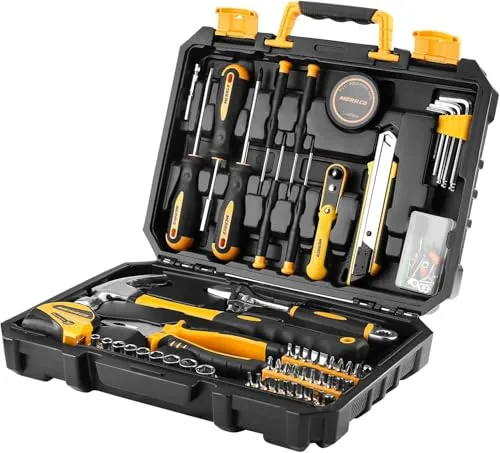 DEKO 100-teiliges Werkzeugset | Werkzeuge mit Gummigriff |Hämmer, Schraubendreher, Verstellbarer Schraubenschlüssel usw. Tragbar Werkzeugkasten – DIY Grundausstattung für Zuhause & Garage