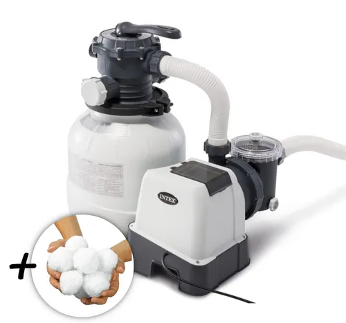 INTEX 26646GS Sandfilterpumpe mit Filterkugeln - Effiziente Sandfilterpumpe für Pools bis 32m³ mit 7,9m³/h Leistung. Inklusive 700g Filterkugeln, die 25kg Filtersand ersetzen und für geringere Betriebskosten sorgen.
