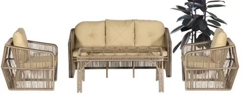 GartenSet 4tlg Lounge mit Sofa, Sesseln und Couchtisch - Vielseitiges Lounge Set für den Garten, bestehend aus Sofa, zwei Sesseln und einem Couchtisch. Pflegeleichtes Rattan-Material in Beige, ideal für entspannte Stunden im Freien.