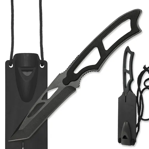 Outdoor-Messer Neck Knife mit Kydex-Scheide, Halsband, Signalpfeife in schwarz