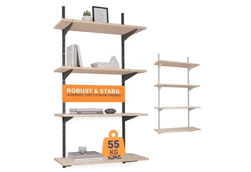 BOOMET Wandregal Metall Regal mit Fichtenböden · Regalsystem in 50 Größen ·, 80 15-tlg., Bausatz · Wandschienen Regalsystem · Regalträger Schienensystem