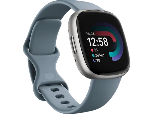 FITBIT Versa 4 Smartwatch - Aluminium Elastomer, Waterfall Blue Platinum, mit Fitness-Tracking und langer Akkulaufzeit