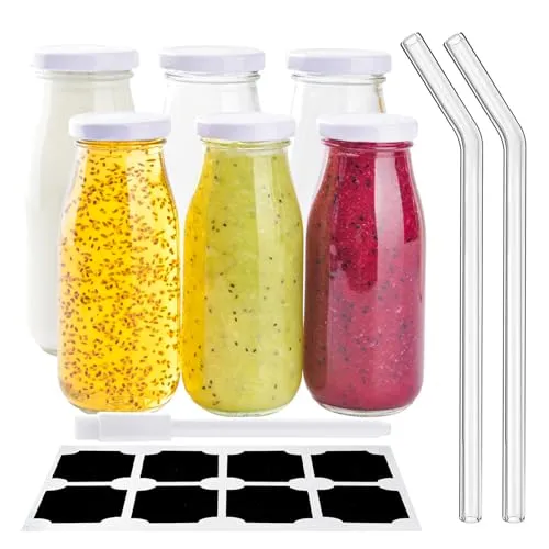 Glasflaschen 250ml Milchflaschen mit Deckel, Leere Kleine Glasflaschen für Saft Smoothie, Likörflaschen Flaschen zum Befüllen Mini Gläser mit Glas Strohhalme für Getränke, Hochzeiten Dekoration 6 x