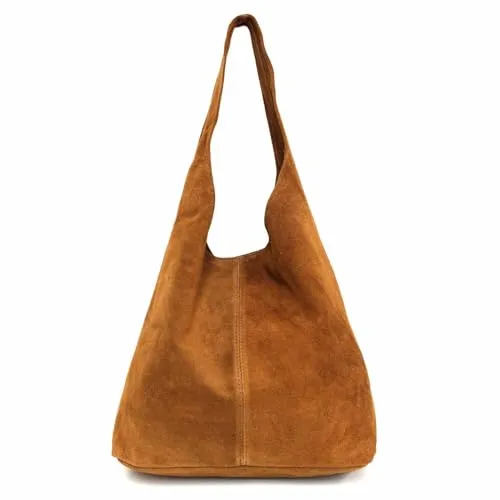 Made in Italy Damen echt Leder Tasche Rindsleder Shopper Schultertasche Umhängetasche Handtasche Beuteltasche Hobo Bag Ledertasche Reisetasche Sport Arbeit Urlaub Daily Bag groß Cognac Wildleder