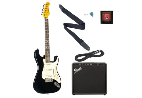 E-Gitarren Set für Anfänger J & D ST Vintage Black + LT25 Verstärker - Komplettes E-Gitarren Set für Einsteiger: J & D ST Vintage Black mit hochwertigem Hals und Vintage Tremolo, kombiniert mit dem Fender Mustang LT25 Verstärker für vielseitige Klangerlebnisse. Ideal für den Einstieg in die Musik.