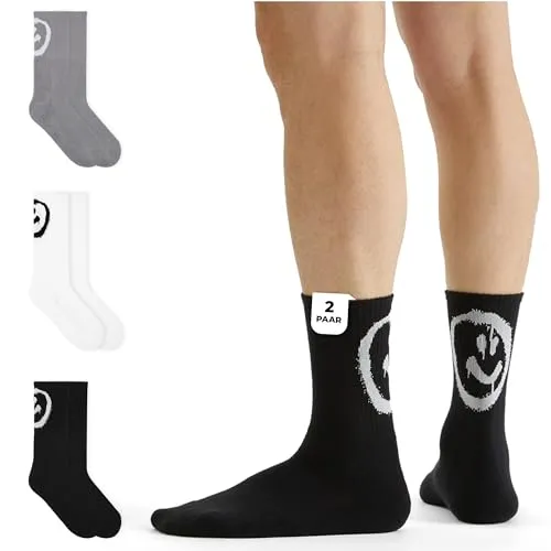 von Jungfeld 2er Set Schwarze Tennissocken Damen & Herren in Gr. 43-46 - Lange Socken (Crew Socks) aus Bio-Baumwolle - Strümpfe mit Smiley Statement