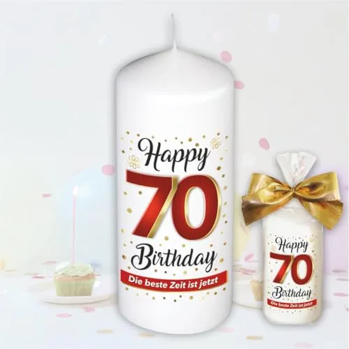 Stumpenkerze - Geburtstagskerze zum 70. Geburtstag, Happy Birthday - Für Dich | Motive auf Tattoofolie | Geschenkfolie und goldener Schleife | Kerze mit Geburtstagszahl Zahl in Geschenkverpackung
