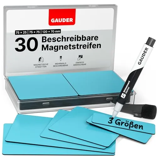 GAUDER Magnetetiketten beschreibbar - Wiederverwendbare Magnetschilder zum Beschriften für Whiteboard, Tafel, Kanban-Board und Kühlschrank - Magnetkarten mit Marker (30 Stück - 3 Größen)