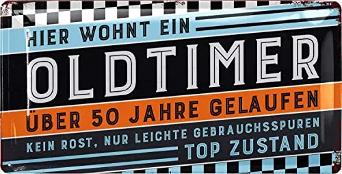 LANOLU Retro Blechschild 50 Geburtstag Schild - 50 JAHRE OLDTIMER - Alternative zur Geburtstagskarte 50 - witziges Geschenk 50 Geburtstag Mann - Metallschild, 17x34cm