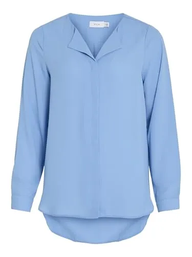 Vila Langarmbluse Falten blau M (38) - Elegante, kragenlose Langarmbluse aus 100% recyceltem Polyester, pflegeleicht und ideal für den täglichen Einsatz. Bequeme, lockere Passform in trendigem Hellblau.