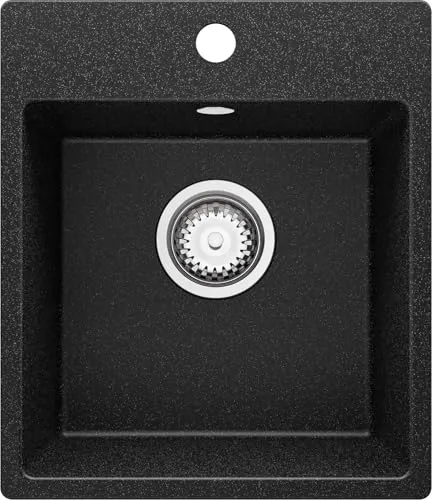 PRIMAGRAN Spülbecken Anthrazit 38x44cm, Granitspüle 1 Becken + Ablauf-Set, Küchenspüle ab 40er Unterschrank - Riga Easy S003