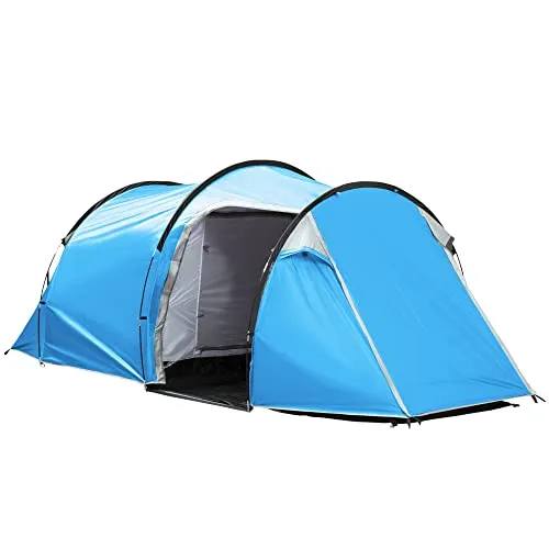 Outsunny Campingzelt für 2-3 Personen stabil wasserdicht Familienzelt mit Seitentür Fenster Packtasche, Zelt mit 2000mm Wassersäule Tunnelzelt Kuppelzelt für Camping Reise Trekking Garten, Hellblau