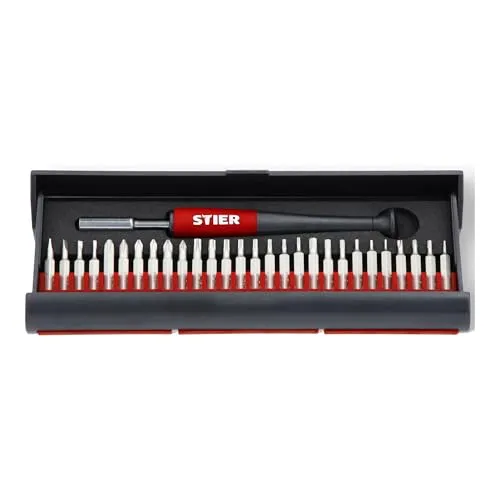 STIER Feinmechaniker Schraubendrehersatz 29-tlg - Schraubendreher-Sets für präzises Arbeiten an Elektronik, ergonomisch mit magnetischer Bit-Aufnahme und in praktischem Aufbewahrungsgestell.