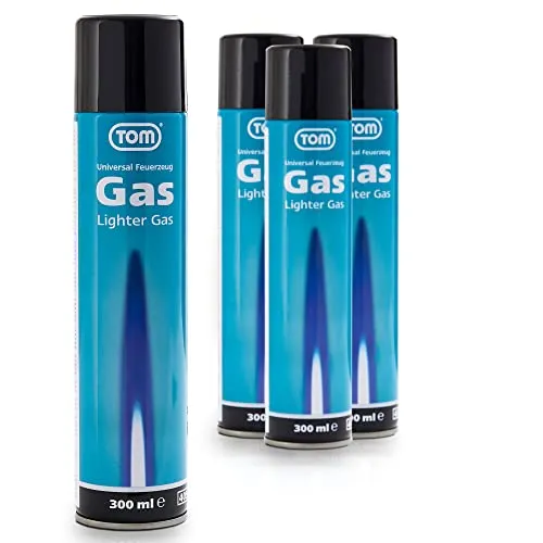 TOM 4 x Feuerzeuggas 300 ml - Kartusche zum nachfüllen für Feuerzeug - Flam-bierbrenner, Sturmfeuerzeug, Stabfeuerzeug & Co. – mit 6 x Adapter für Feuerzeug – Lighter Gas – Nachfüllgas