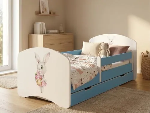 Juniorbett 144x82 cm Happy inkl. Bettkasten | Kinderbett mit Rausfallschutz in Blau
