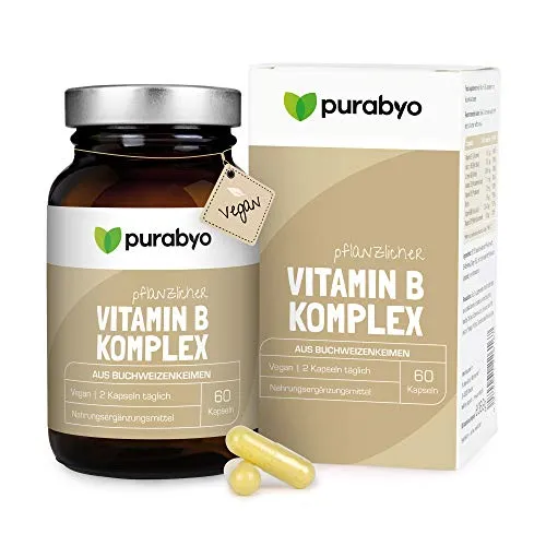 Purabyo Vitamin B Komplex pflanzlich Kapseln - Vegane B-Vitamine aus Bio-Buchweizenkeimen, in umweltfreundlicher Verpackung. Ideal für natürliche Vitalität und Gesundheit.
