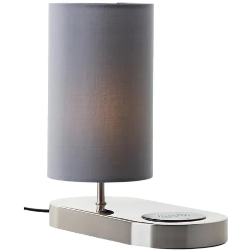 Lightbox Tischlampe mit Wireless Charging & Stoff Lampen-Schirm | 26 cm Höhe, Ø 12 cm | moderne Nachttischleuchte für das Schlafzimmer | E14 | aus Metall/Textil/Eisen in Silberfarben/Grau